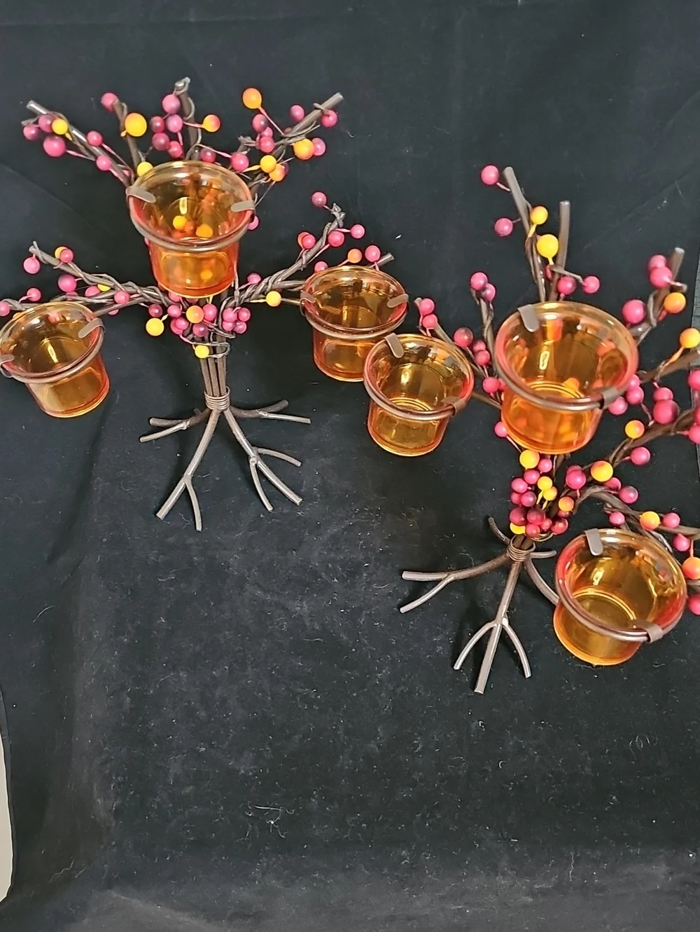 Fall Duo Vintage Amber Glass Tealight Holder Tree with Red  Yellow Berry Accents
